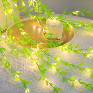 Green leaves, rattan strips, copper wire curtains, ivy wicker string lights, hanging plants, fake leaves, balcony walls, decorative light strings