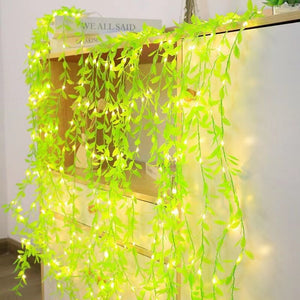 Green leaves, rattan strips, copper wire curtains, ivy wicker string lights, hanging plants, fake leaves, balcony walls, decorative light strings